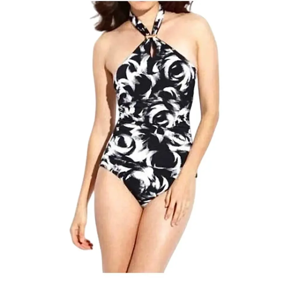Spanx 12 Decadent Decollete Vortex print halter one piece swimsuit SW 2866